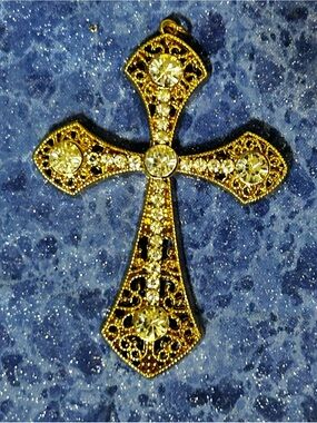 Gold-tone Filigree Cross Pendant with Clear Rhinestones